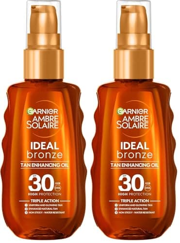 Image of Garnier Ambre Solaire Ideal Bronze Protective Oil Sun Cream Spray SPF30, High Sun Protection Factor 30, Shea Butter, Water Resistant & Non Greasy Sunscreen, UVA & UVB Protection, 150ml (Pack of 2)