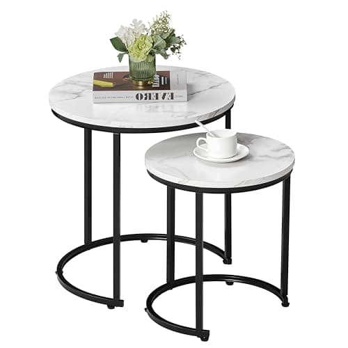 Image of Vida Designs Brooklyn Nest of 2 Round Tables Living Room Stacking side End Tables Metal Frame (Marble)