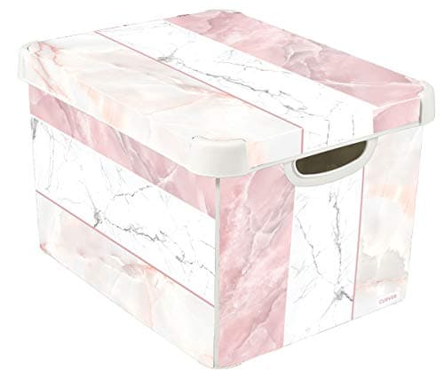 Image of CURVER Stockholm Mixed Marble Kitchen, Living room, Bathroom, Bedroom, Utility Large Rectangular Deco Storage Box 22 Litres - Pink & White