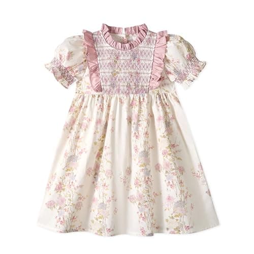 Image of Miipat Toddler Girls Smocked Dress Kids Floral Vintage Casual Dress Puff Sleeve Princess Little Girl Cotton Summer Dresses(Pinkfloral,2-3Years)