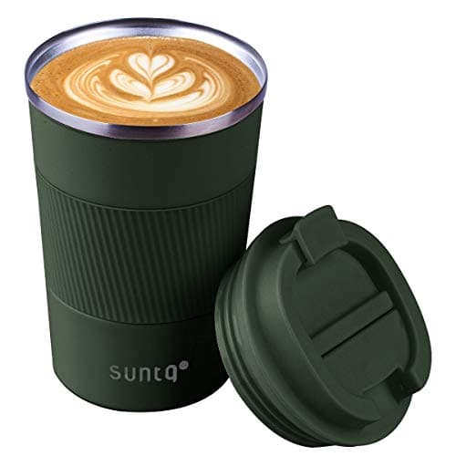 Image of SUNTQ Reusable Coffee Cups Travel - Coffee Travel Mug with Leakproof Lid - Thermal Mug Insulated Cup - Stainless Steel Travel Cup with Rubber Grip - for Hot and Cold Drinks, 13oz/380ml, Green