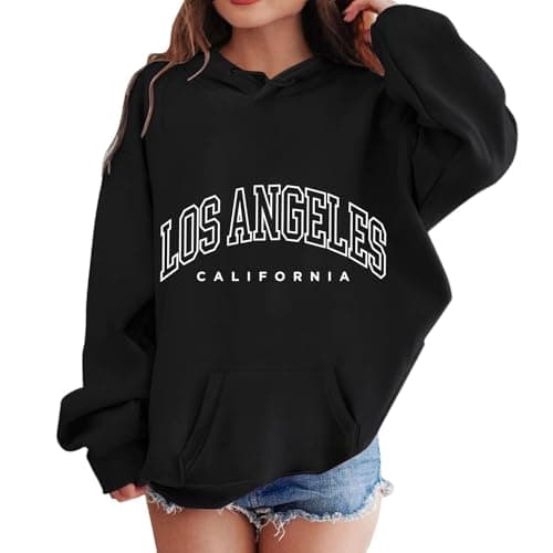 Image of Girls Hoodie Letter Los Angeles Print Long Sleeve Soft Sweatshirt Graphic Hoody Kids Cute Pullovers Top Clothes For Girls Girl Crop Hoodie Black