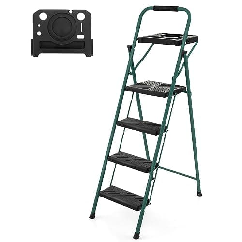 Image of TANGZON Folding Step Ladder, Portable Steel Step Stool with Widen Anti-Slip Pedals, Safety Lock & Handrail,Safety Ladder Tread Stepladder for Household Garage Shop (4 Step,Black+Green,with Tool Tray)