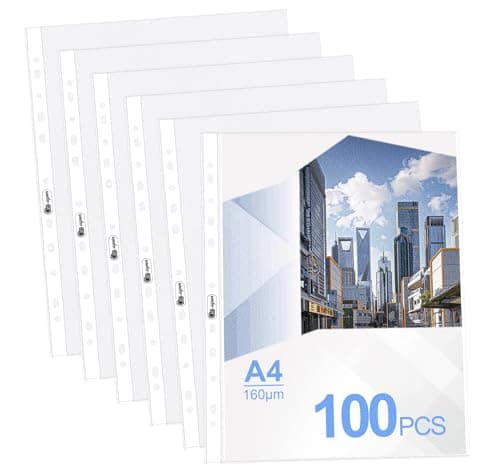 Image of Agoer 100 Punched Pockets A4 Matt,160 Micron Heavy Duty Poly Pockets A4,Clear Plastic Wallets Top Opening,11 Hole Sheet Protectors for 2/3/4 Ring Binder Acid-Free for Filing Folders,Sleeves,Documents
