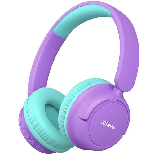 Image of iClever BTH22 Kids Headphones Wireless, 60H Play Time, 74/85 dBA Safe Volume, Bluetooth 5.4, Over Ear Kids Bluetooth Toddler Headphones with Mic AUX Cord for iPad/Tablet/Trave/School, Purple Green