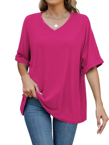 Image of Famulily Women's Summer Casual Short Sleeve T Shirt Ladies Basic Solid Color Tunic Tops V Neck Tshirts (L, Hot Pink)