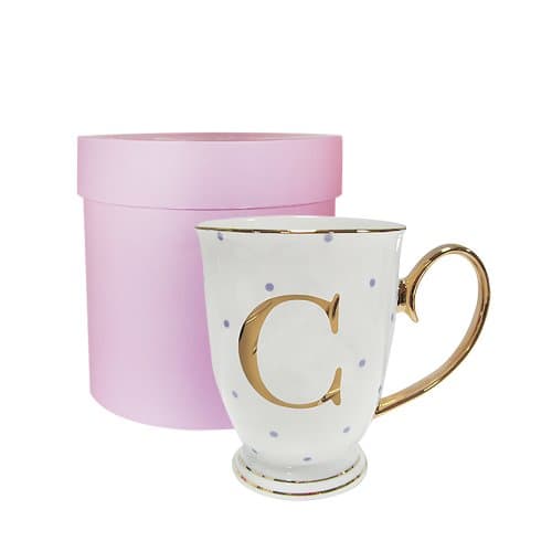 Image of Bombay Duck 13 x 13 x 12 cm Letter C Alphabet Spotty Metallic Mug with Lilac Spots, White/Gold