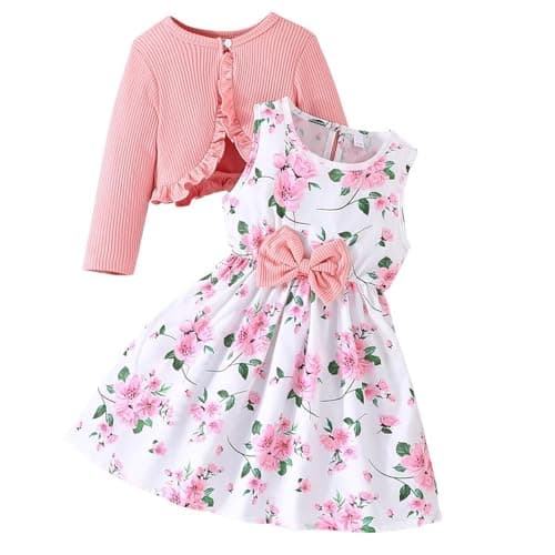 Image of Adixun Girl Dress Toddler Long Sleeve Dresses A-line Floral Casual Party Dress with Cardigan Sets for Little Big Kids(12-13 Years,Pink)
