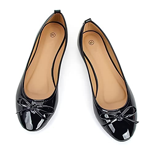 Image of Dernolsea Womens Ballet Flats, Patent Leather Bow Round Toe Foldable Flat Slip On Pumps Dolly Ballerina Shoes Black Size 4