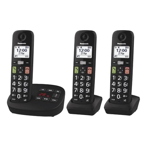 Image of Panasonic KX-TGU133EB Digital Cordless Phone with Answering Machine, Base Unit & 3 Handsets, LCD Display, Big Buttons, Fav Call, Hearing Aid Compatible, Black