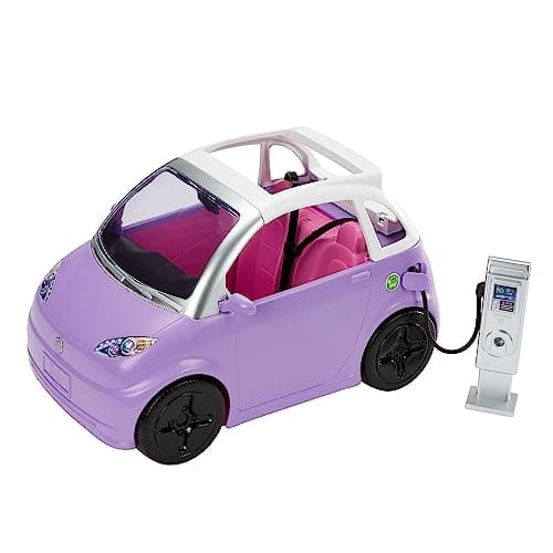 Image of Barbie Car, Kids Toys, “Electric Vehicle” with Charging Station and Plug, Transforms into Convertible, Purple Car with Sunroof, Gifts for Kids​, HJV36