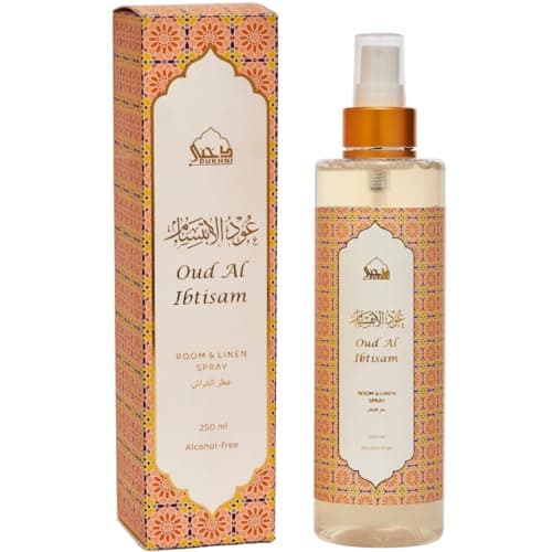 Image of Oud Al Ibtisam Attar Al Faraash by Dukhni | 250ml Non Alcoholic Spray | Arabic Natural Mist | Air Freshener, Room Mist, Fabric & Linen Spray | Perfect for Prayer mats, beds, sofas, curtains | Halal