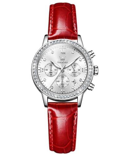 Image of OLEVS Women Watch -Multifunctional Chronograph with 4 Subdials, Leather Strap, Diamond Roman Numerals,Date,Luminous,Waterproof - Elegant Dress Watch (H9933- Red Strap with All White dial)