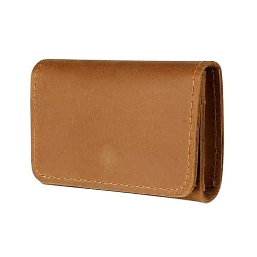 Image of S-MAN Genuine Cowhide Leather Credit Card Holder Handmade Button Business Card Case Mini Wallets for Men Brown