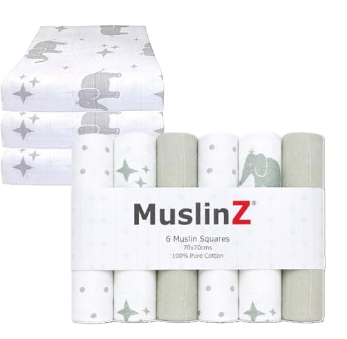 Image of MuslinZ Muslin Cloths for Baby - Baby Burp Cloths - 6 Pack Muslin Squares - Large 70x70cm - Pure Cotton - Soft, Absorbent & Breathable - Multi Use Newborn Cloths - UK Brand (Elephant)