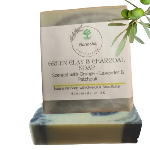 Image of Nonashe Handmade Cleansing Bar Soap With Olive Oil, Shea Butter, Natural Ingredients,Vegan & Palm Oil Free,Face & Body Soap for Women & Men (Green Clay & Charcoal With Orange,Lavender & Patchouli,50g)