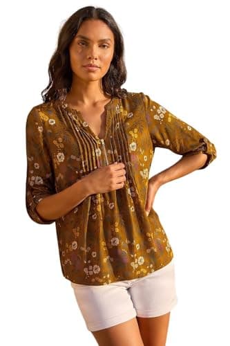 Image of Roman Originals Pintuck Shirt for Women Ladies Jersey Blouse Collarless Top Flare Crinkle Notch Neck Tunic 3/4 Length Sleeve Longline Smart Casual Party Going Out - Ochre - Size 18