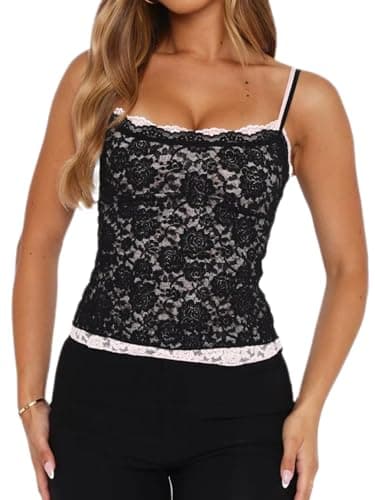 Image of Springcmy Womens Y2k Lace Floral Cami Tank Tops Going Out Crop Ruched Spaghetti Strap Mesh Slim Camisole Summer Tops Streetwear (Aa Black, L)