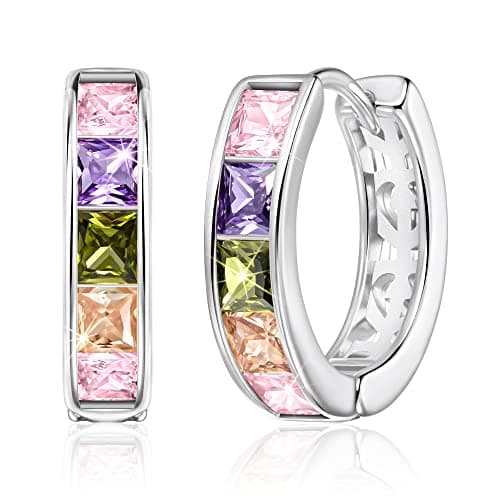 Image of Linawe Silver Hoop Stud Earrings for Women Trendy, Rainbow Cubic Zirconia Flat Back Earrings, Small Cute Tragus Piercing Jewellery, Helix Huggie Earrings