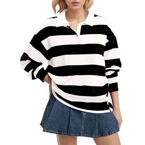 Image of Women's Oversized Striped Sweatshirt Long Sleeve Rugby Collared Pullover Tops Loose Fit Shirt Mock Top (Black, L)