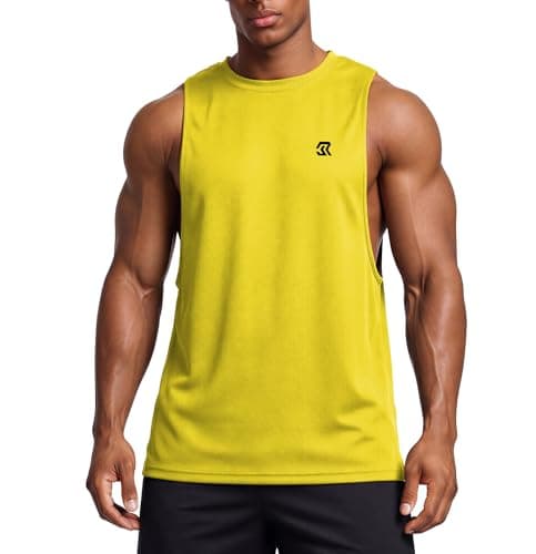 Image of Men Mesh Sport Tank Top Deep Armhole Split Hem Sleeveless Training Vest Loose Fit Breathable Workout Shirt for Gym Running Fitness Summer Wear Yellow M