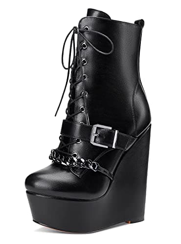 Image of NobleOnly Women's Wedge Platform Ankle Boots Lace-Up Zipper Round-Toe 6IN High Heels Booties Black Matte Shoes UK5