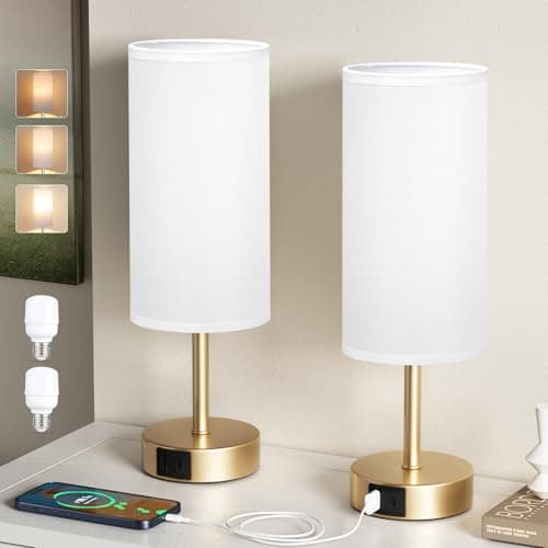 Image of Aooshine Bedside Lamps Set of 2, Dimmable Lamp with White Shade, Small Touch Lamps for Living Room, Gold Base(Bulbs Included)
