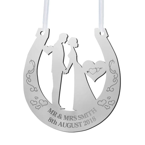 Image of Personalised Mirrored Acrylic Wedding Horseshoe Mr & Mrs Custom Anniversary Bridal Gift New Couple Gift Engraved Name Date Acrylic Plaque Engagement Gift(Wedding, Silver)
