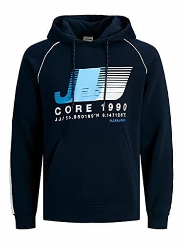 Image of JACK & JONES Mens Hoodie Regular Fit Casual Sweatshirts Logo Printed Hooded Neck Hoodies for Men UK, Navy Colour, Size: S