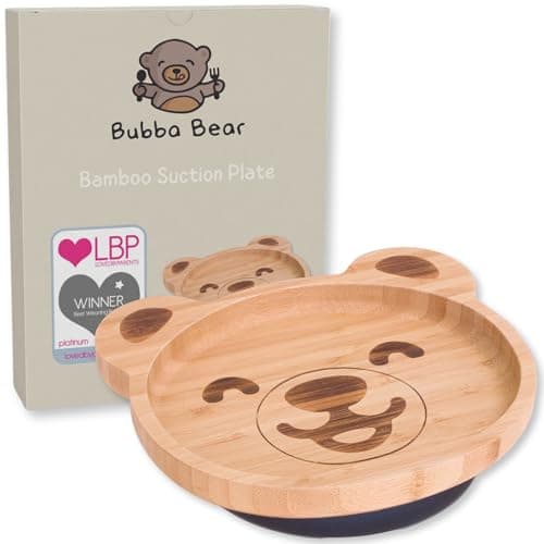 Image of Bubba Bear Baby Toddler Suction Plate Set, Made with Natural Bamboo, Stay Put Suction Plates for Weaning Babies & Feeding Toddlers (Bear (6-12 mths))