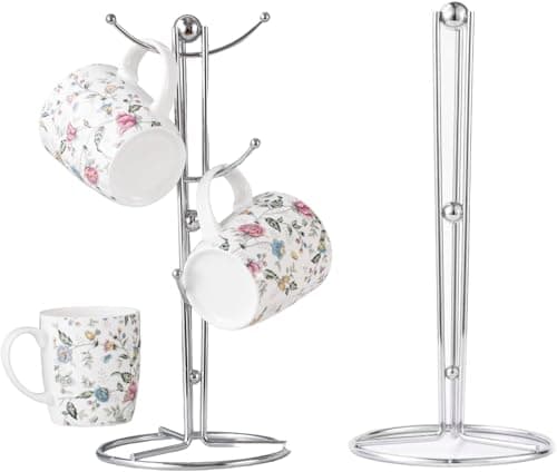 Image of Unique Crafts Silver Mug Tree and Kitchen Roll Holder Set | 14x14x35cm | Durable Chrome Plated Metal | Scratch-Resistant Weighted Base | Elegant Countertop Organizer for Mugs, Towels & More