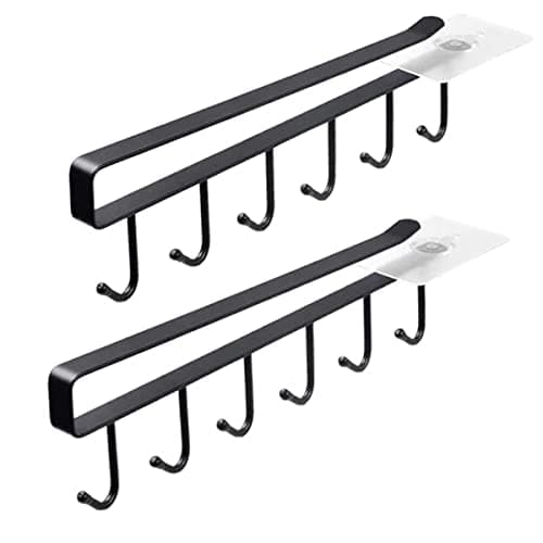 Image of Menmamenma Mug Holder Under Cabinet Cup Rack Organizer with 6 Hooks Under Shelf Hanger Drilling Free Drying Cupboard Storage for Kitchen Restaurant Hanger Tea Cup Display Rack - Black
