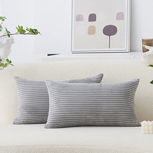 Image of Home Brilliant Set of 2 Cushion Covers Grey, Rectangle Cushion Cover for Car Sofa Bed, Corduroy Striped Cushions Covers with Invisible Zipper, (30cm x 50cm, Light Grey)