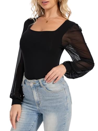 Image of SHAPERIN Women Square Neck Bodysuit Long Lantern Sleeve Top Puff Sleeve Body Suit Elegant Blouse Tops, Black, M