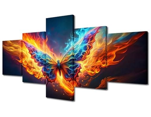 Image of TISHIRON Canvas Wall Art 5 Panel Abstract Multicolored Butterfly Oil Painting Wall Decor Vintage Butterfly Poster Prints for Living Room Bedroom Bathroom Decoration Framed Ready to Hang 50" Wx24 H