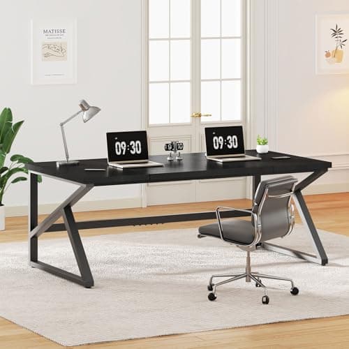 Image of IBF 180cm Long Black Computer Desk, Large Executive Office Desk for 2 People Work Writing Study, Industrial Metal Wood Dual Monitor Desk Workstation, Modern Simple Double PC Gaming Table in Bedroom