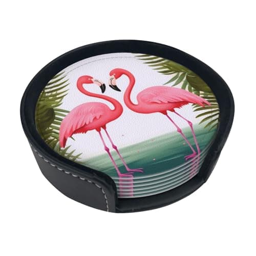 Image of Palm Leaf And Flamingos Couple Round Leather Coasters (6 Pieces) - Drink Coaster Set For Desk, Modern Easy To Clean Home Office & Farmhouse Coasters