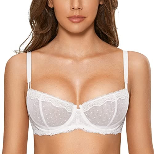 Image of DOBREVA Women's Sexy Lace Balconette Bra Unlined Underwire Open Half Cup Bra See Through Sheer Balcony Bra White 32F