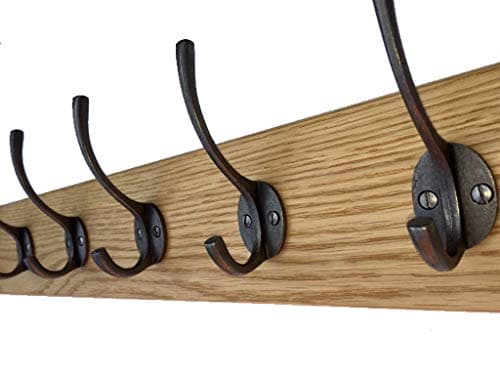 Image of Element Wooden Designs Antique Coat Rack Industrial Cast Iron Hooks Solid Oak Wood Vintage Wall Mounted (60cm 6 Hooks)