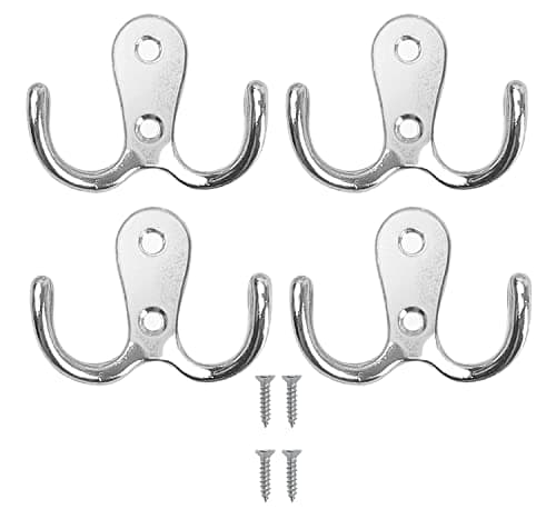 Image of 4 Pieces Double Prong Robe Hooks Metal Cloth Hanger Dual Coat Hooks Hanging Clothes for Bathroom Bedroom Door Wall for Coat, Scarf, Bag, Towel, Key, Cap with 8 Screws