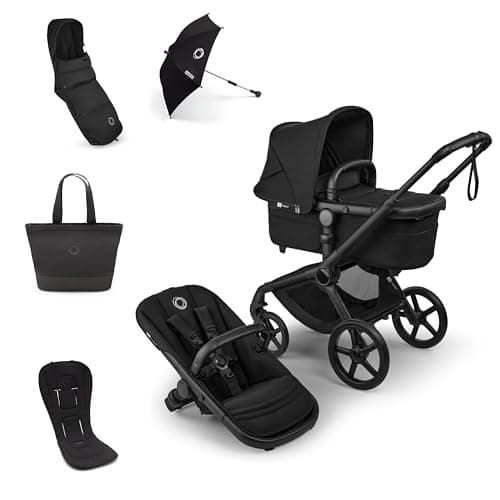 Image of Bugaboo Fox 5 Renew All-Seasons Pushchair Bundle, Includes Winter Footmuff, Seat Liner, Parasol and Changing Bag, Stroller with Easy One-Hand Fold and Manoeuvrability, Heritage Black Fabrics