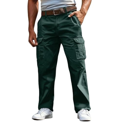 Image of Jogging Bottoms Men's Casual Trousers Casual Cargo Trousers for Men with Pockets Comfortable Loose Fit Work Trousers for Daily Outdoor Use Durable Stretch Fabric, Dark green, M