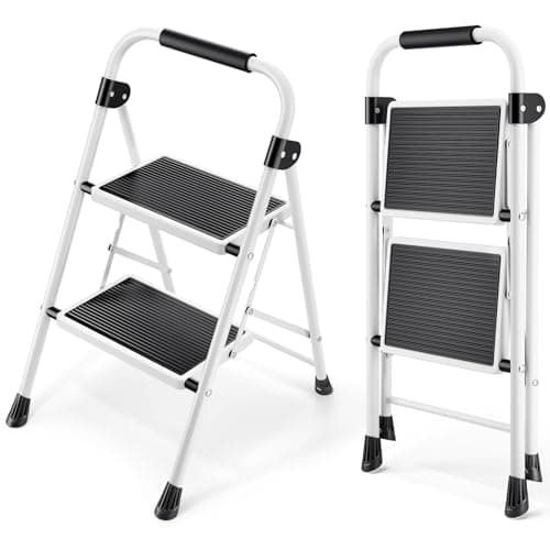 Image of KINGRACK 2 Step Ladder with Non-Slip and Wide Pedal, Small Sturdy Steel Folding Ladder with Handle, Lightweight and Portable, White