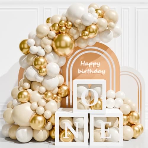 Image of 1st Birthday Decorations for Boys Girls - 3pcs One Balloon Boxes with 93pcs White Gold Balloons for First Birthday Decoration Baby, Wild One, 1 One Year Old Birthdays Party Supplies