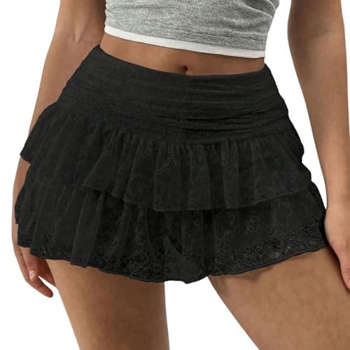 Image of Lshyuehao Women's Floral Lace Mini Skirts Y2k Low Rise Layered Ruffled Hem Pleated A Line Short Skirt Fairycore Skirt Streetwear (A-Black, M)