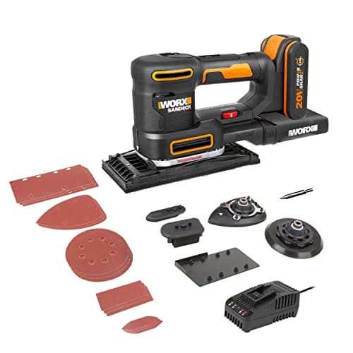 Image of WORX WX820 Cordless Multi Sander, Power Share, 5in1 Orbital, Finishing, Detail, Contour and Finger Sander, Variable Speed, 5X Sanding Pads, 15x Sanding Paper, 1x 2Ah Battery Included, 18V (20V Max)