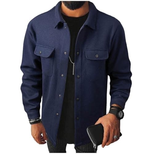 Image of Men's Shirts Button Down Long Sleeve Shacket Flap Chest Pockets Utility Soft Warm Overcoat Stylish Regular Fit Plain Autumn Winter Casual Outdoor Shirts