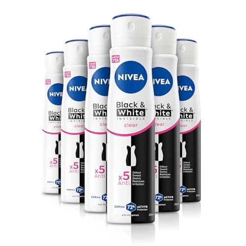 Image of NIVEA Black & White Invisible Anti-Perspirant Spray Pack of 6 (6 x 250ml), 72hr Anti-Sweat Women's Deodorant Spray, No Stains on Black and White ClothesVisit the NIVEA Store