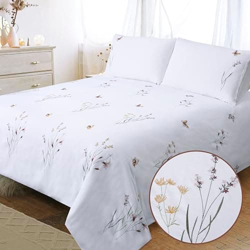 Image of YINFUNG Bedding Sets King Size White Cotton Duvet Cover Sets Butterfly Floral Bedding Flower Embroidered Breathable Quilt Cover with 2 Pillow Cases (White, King 230x220 cm)
