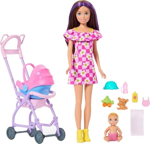 Image of Barbie Skipper Babysitters Inc. Playset with Brunette Doll, Blonde Baby Doll, Stroller with Removable Car Seat & 7 Accessories, JJB42